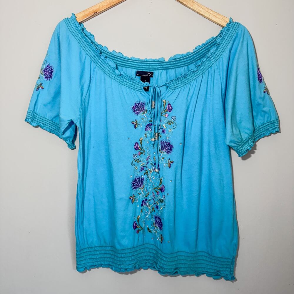 Vintage Y2K RXB Turquoise Blue Embroidered Peasant Blouse Smocked Top Small